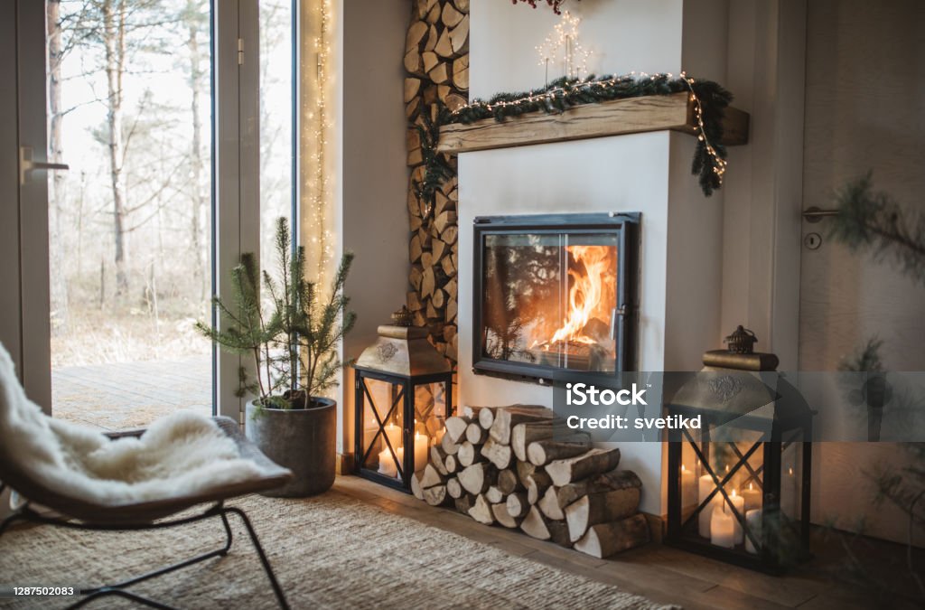 Wood fireplace in cozy livingroom